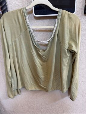 POL Olive Long-Sleeve V-Neck Top with Beaded Trim
